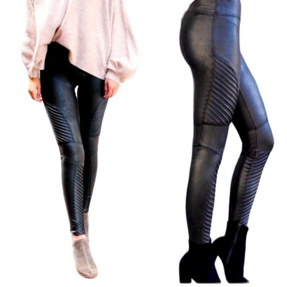 SPANX Women Black Faux Leather Moto Leggings Size Small Classic Capsule Wardrobe
